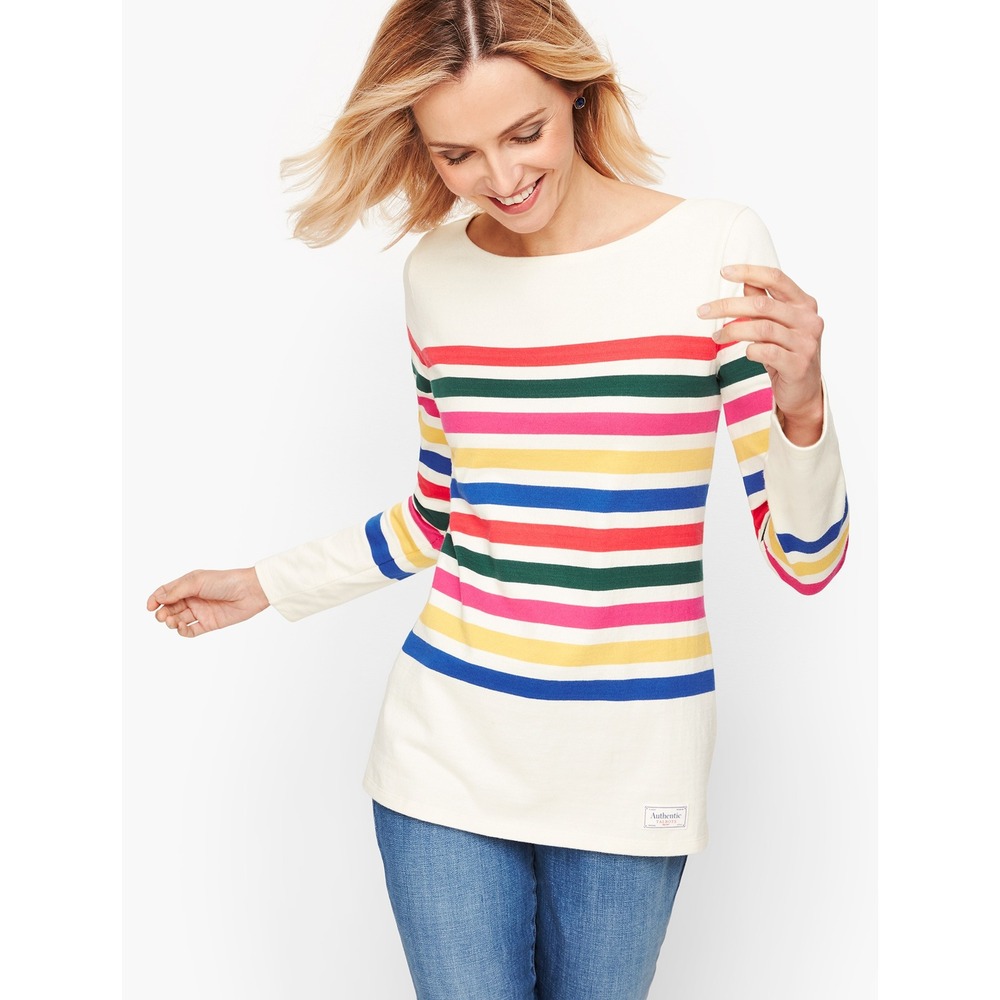 Talbots Rainbow Stripe Boat Neck Top Women L Authentic Tee Long Sleeve Cotton